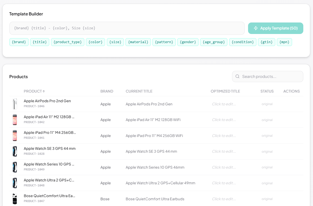 SKU Analyzer title template builder showing dynamic feed variables and side-by-side title preview