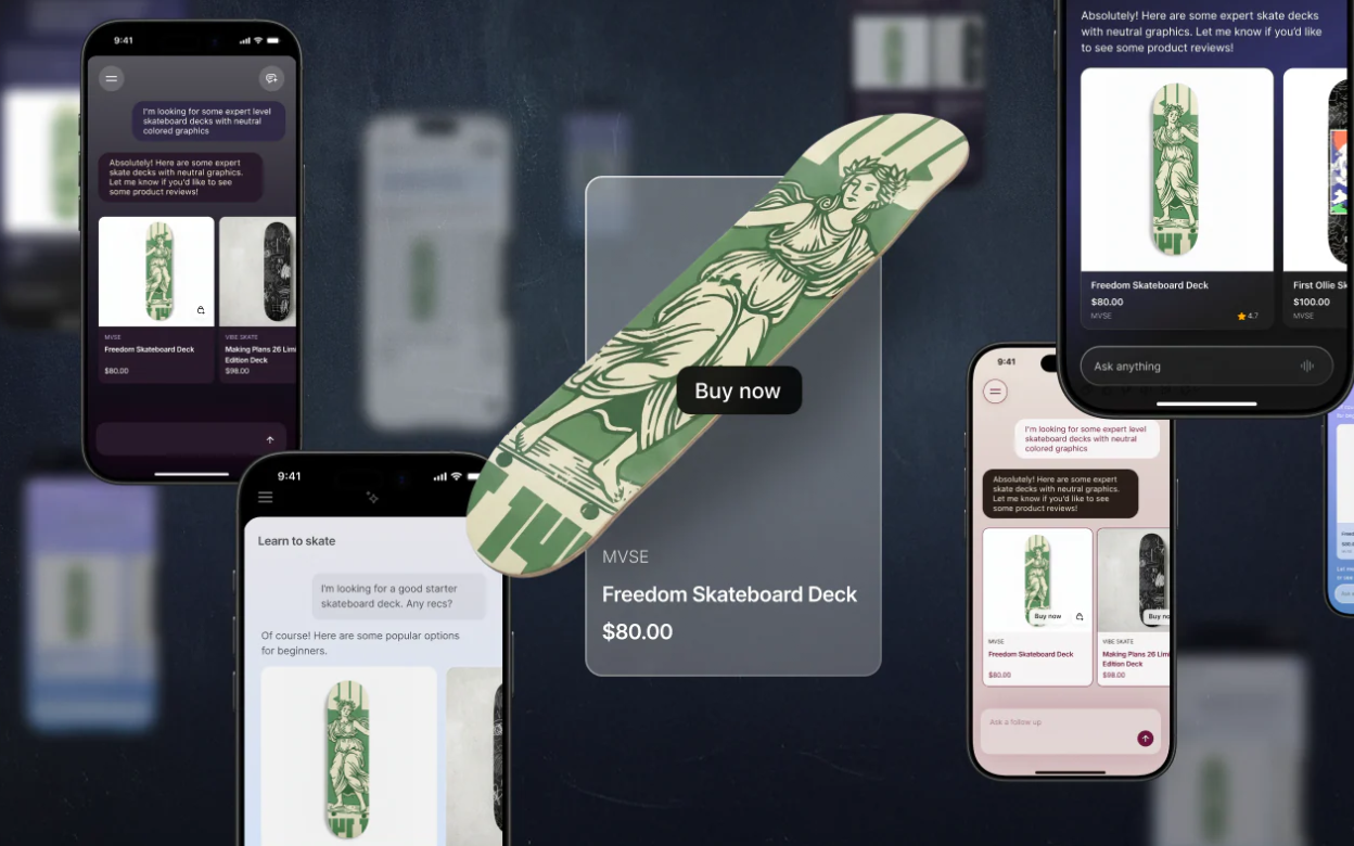 Shopify Agentic Storefronts showing product discovery and purchase across multiple AI chat platforms including ChatGPT