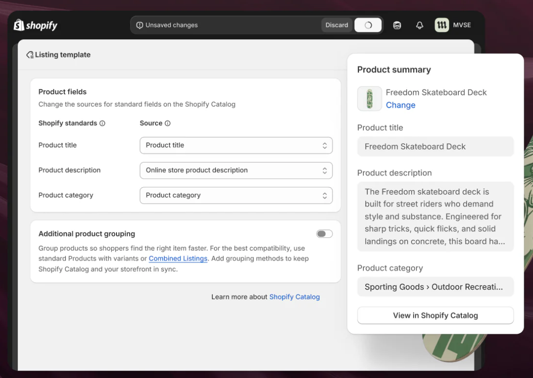 Shopify admin listing template showing how product fields map to Shopify Catalog for agentic storefronts