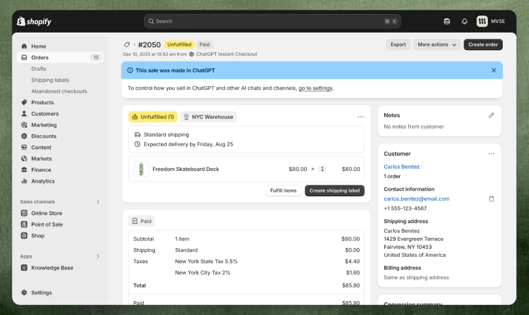 Shopify admin order dashboard showing an agentic storefront order from ChatGPT with channel attribution