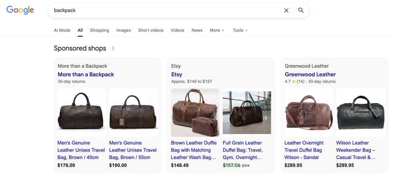 Google Sponsored Shops block in search results for backpack query, showing three stores — More than a Backpack, Etsy, and Greenwood Leather — each with multiple products and prices