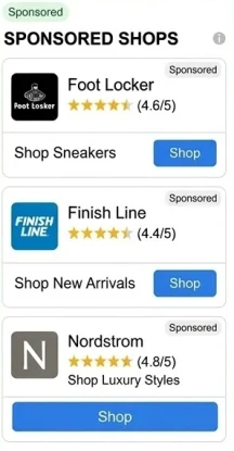 Google Sponsored Shops sidebar showing Foot Locker, Finish Line, and Nordstrom with star ratings and shop buttons