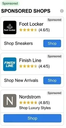 Google Sponsored Shops sidebar showing Foot Locker, Finish Line, and Nordstrom with star ratings and shop buttons