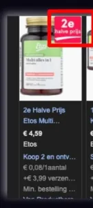 Google Shopping listing for an Etos multivitamin with a red '2e halve prijs' promotional badge burned into the product image