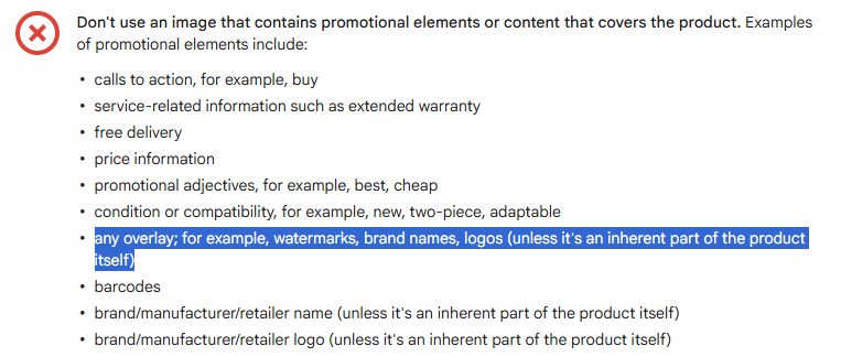 Google Merchant Center image_link documentation showing the list of prohibited promotional elements with 'any overlay' highlighted
