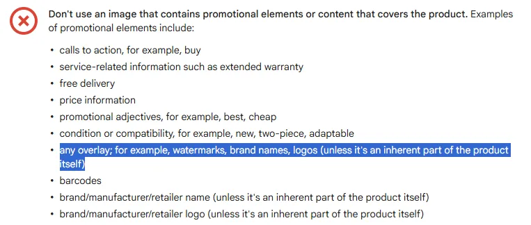 Google Merchant Center image_link documentation showing the list of prohibited promotional elements with 'any overlay' highlighted