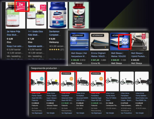 Examples of Google Shopping product images with promotional overlays that were approved and continued serving without disapproval in 2025 practitioner tests