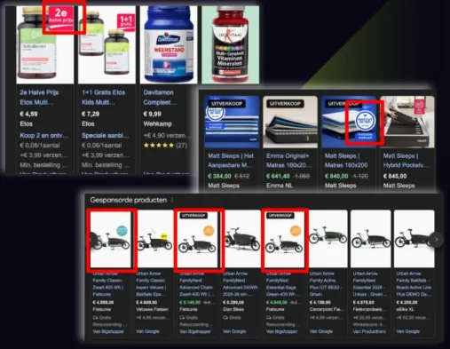 Examples of Google Shopping product images with promotional overlays that were approved and continued serving without disapproval in 2025 practitioner tests
