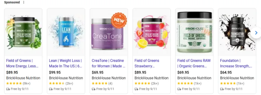 Google Shopping search results showing live product ads with promotional overlays including price badges and discount text, demonstrating real-world enforcement relaxation in 2025