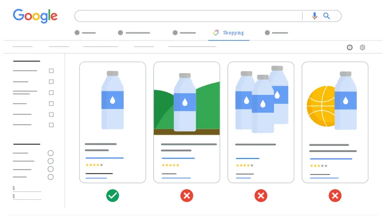 Google Shopping results row showing four water bottle listings: a single product on a plain white background is approved, while a bottle on a scenic background, a multipack showing several bottles, and a bottle photographed next to an unrelated basketball are all rejected