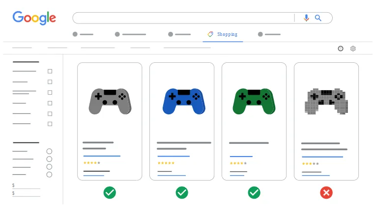 Google Shopping results row showing four game controller listings: three sharp, correctly sized product images are approved with green checkmarks while a low-resolution pixelated image is rejected with a red cross