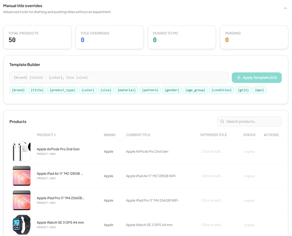 SKU Analyzer Title Optimizer template builder — a title pattern built from feed variables such as brand, title, color and size, with the resulting current and optimized title shown per product