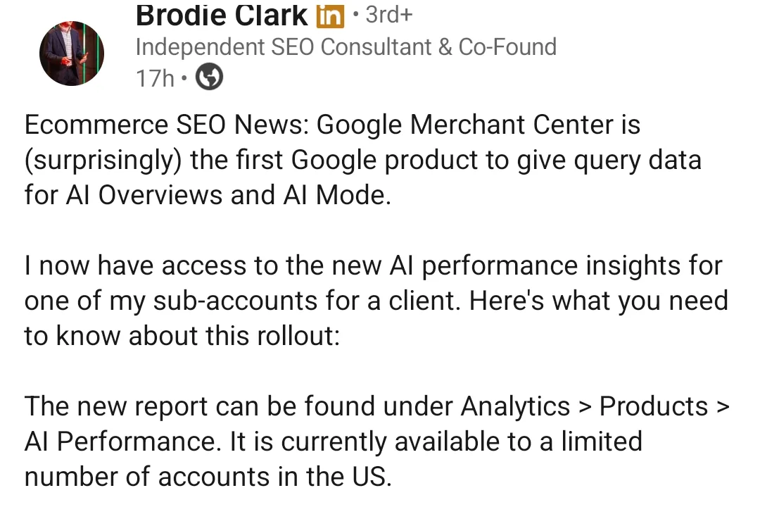 Brodie Clark's LinkedIn post announcing access to the new Merchant Center AI performance insights report
