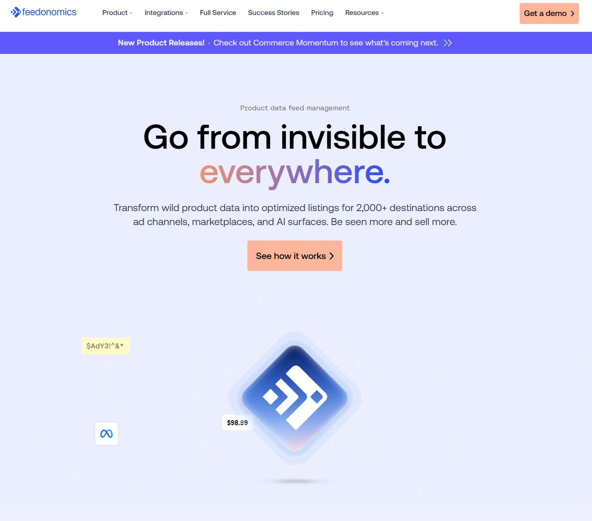 Feedonomics homepage showing its product data feed management positioning and a claim of 2,000+ destinations across ad channels, marketplaces, and AI surfaces