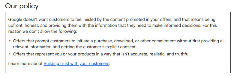 Google Merchant Center misrepresentation policy statement requiring honest and accurate product offers