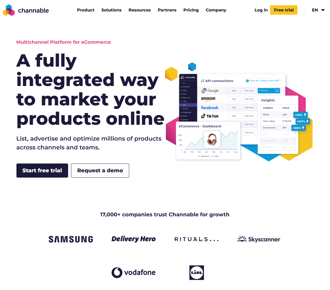 Channable homepage showing its feed management and multi-channel product syndication platform
