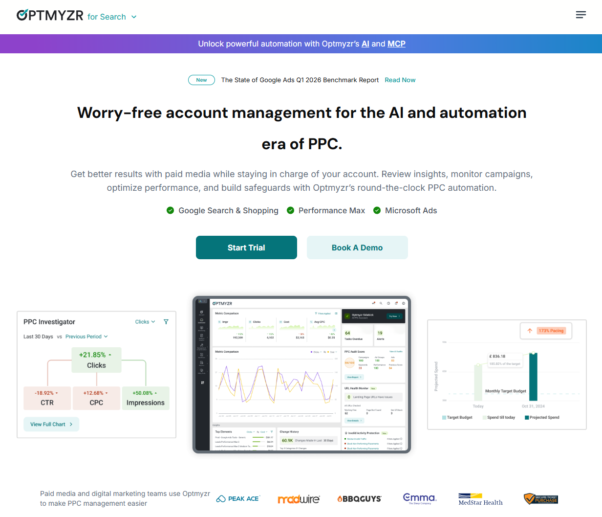 Optmyzr homepage showing its PPC management platform with the Smart Product Labeler for Google Shopping