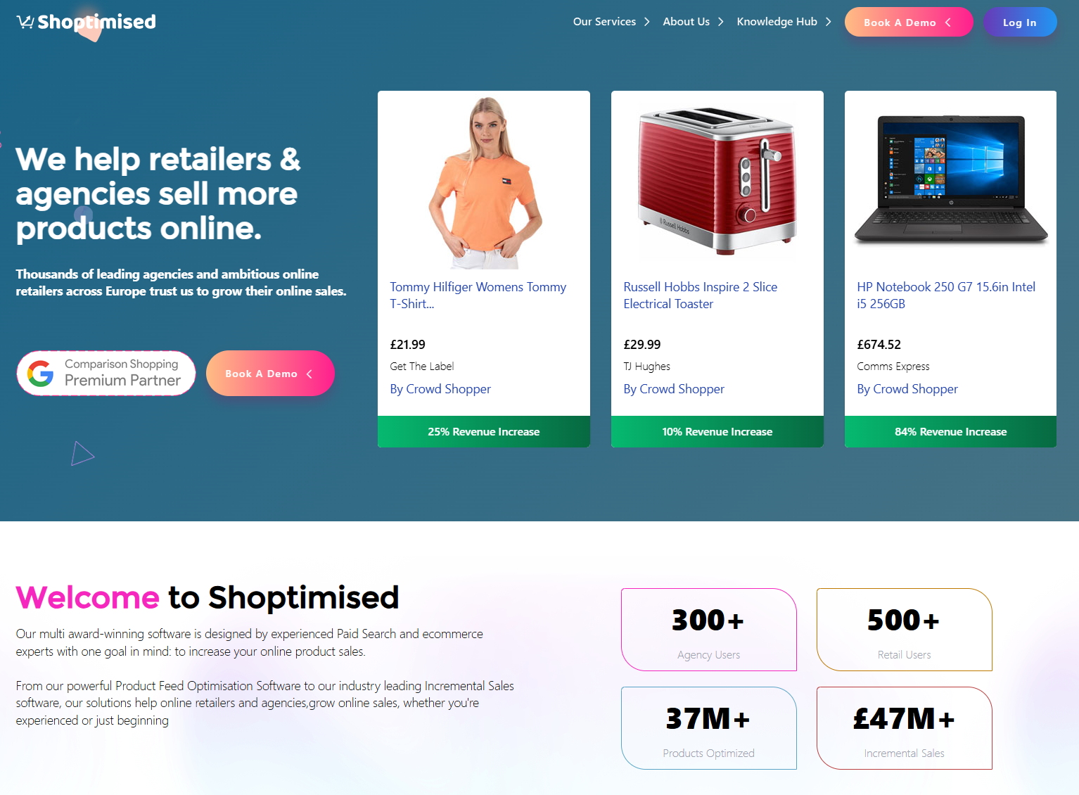 Shoptimised homepage showing their Google Shopping feed optimization and product labeling platform