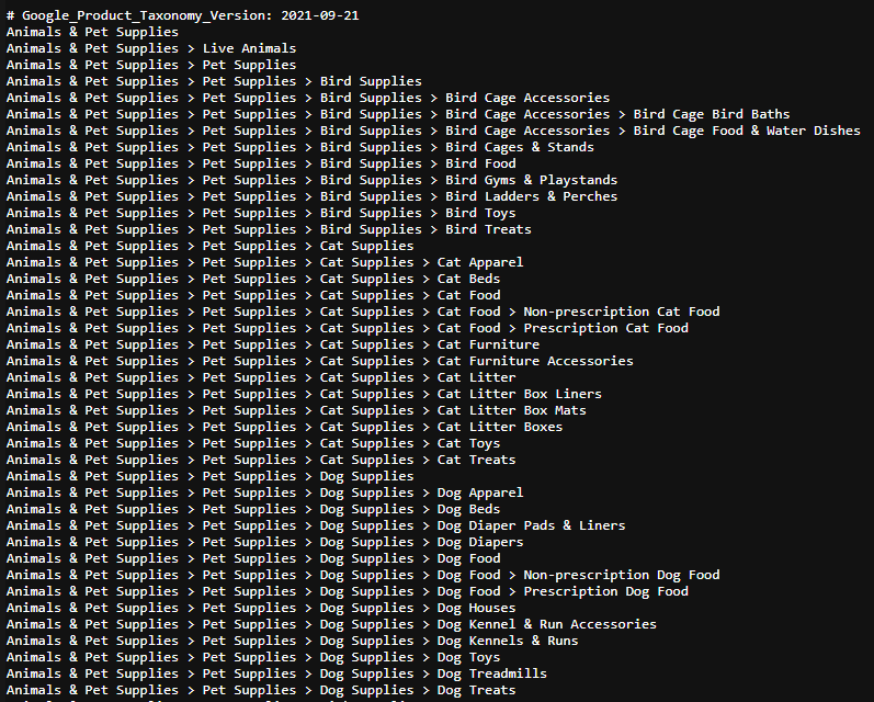 Google Product Taxonomy text file showing hierarchical category paths for Animals and Pet Supplies